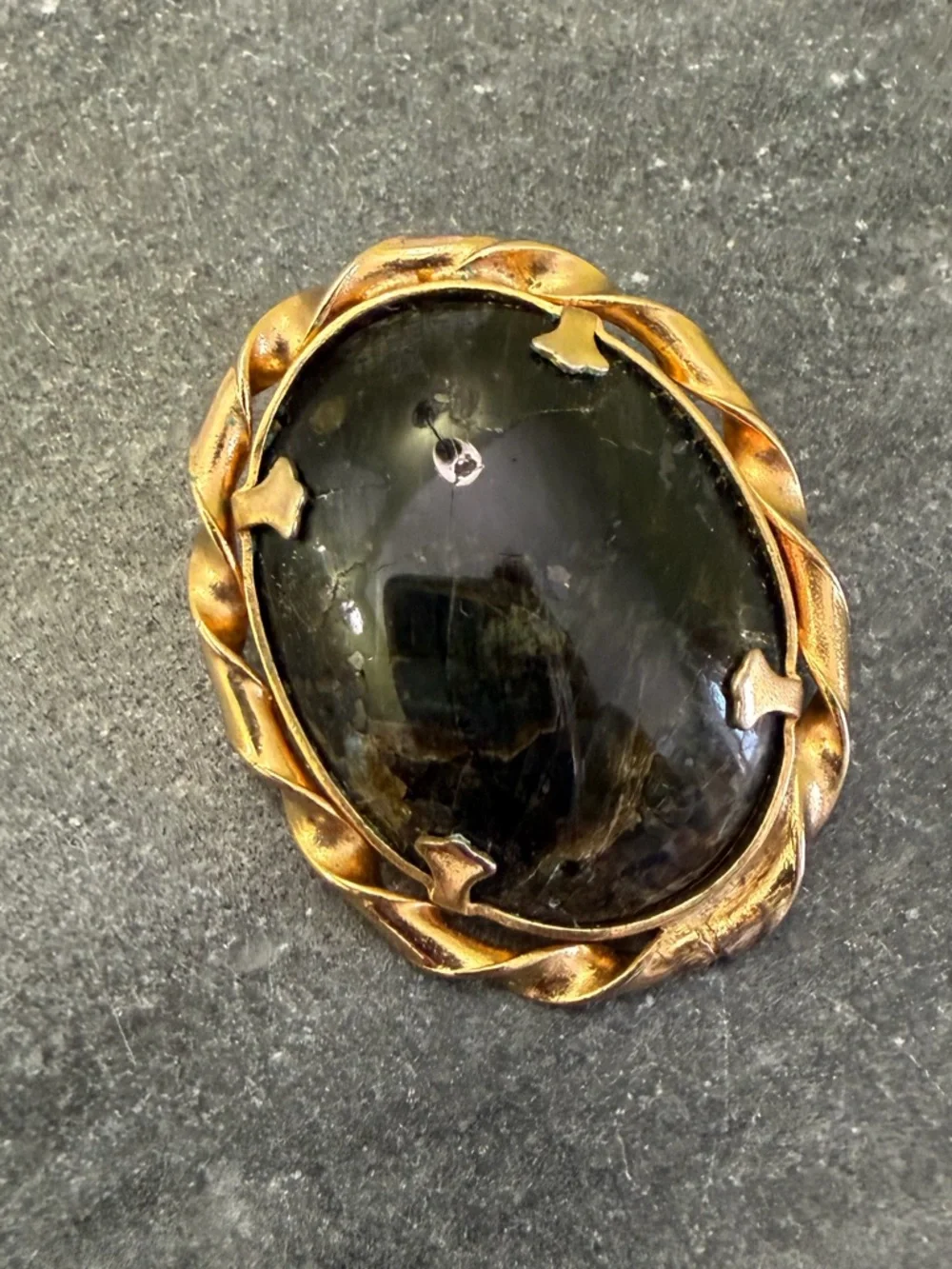 Vintage Estate Black Labradorite Gemstone Gold Brooch